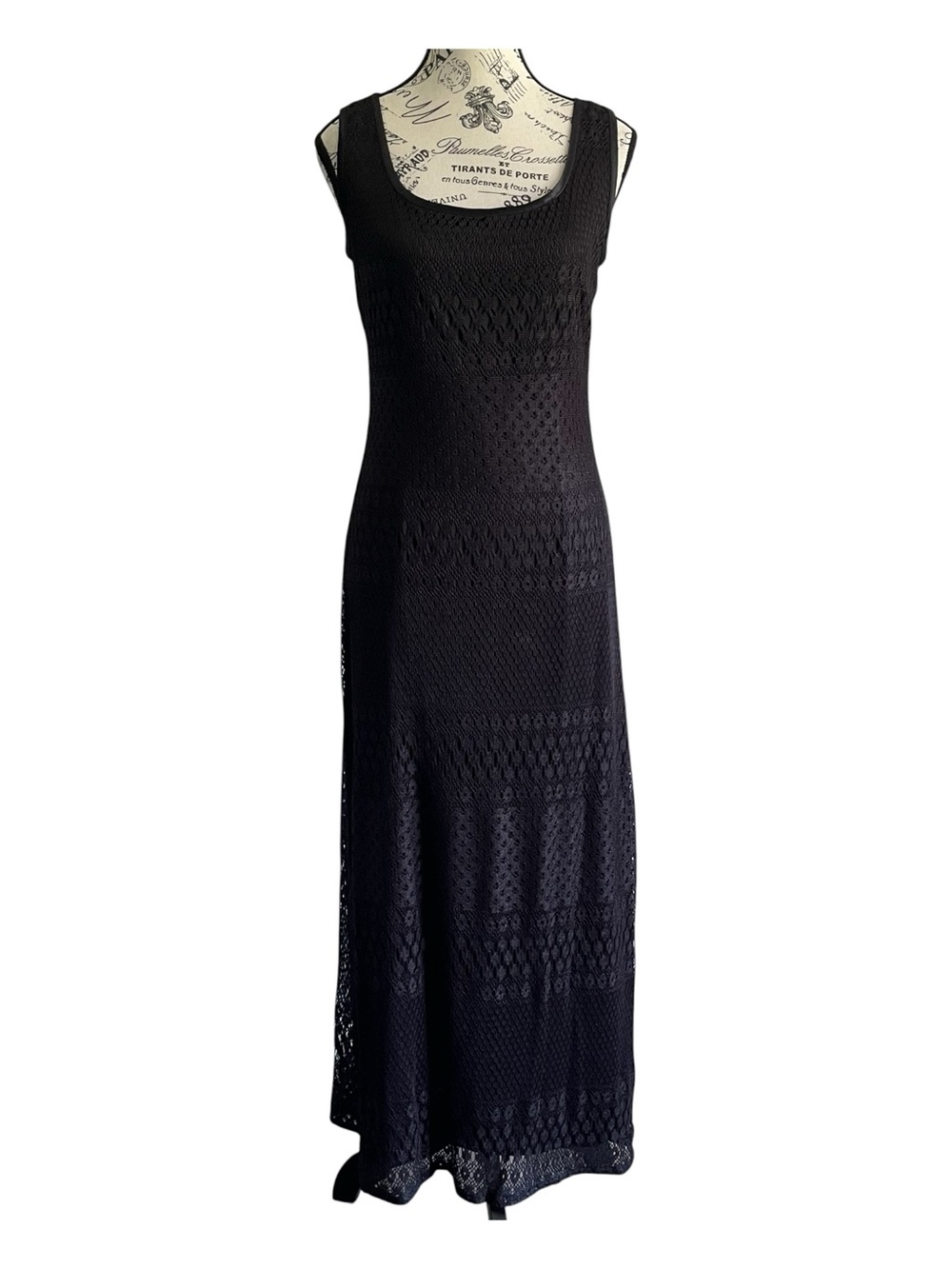 🇨🇦 Vintage Sophisticate Black Crochet Knit Maxi Dress Goth Witchy Boho size 8 - Picture 2 of 6